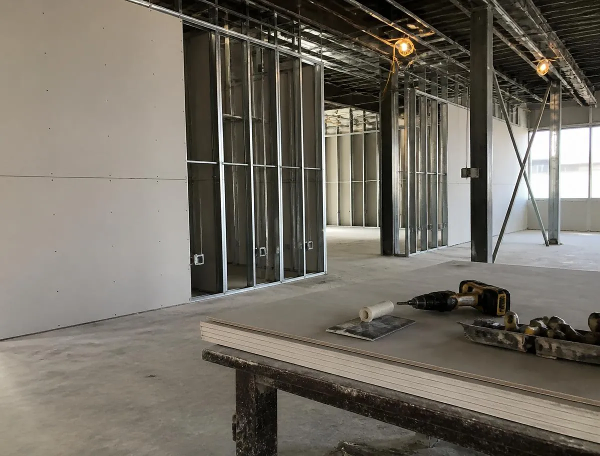Representative example of a commercial interior build-out with new drywall walls and ceilings