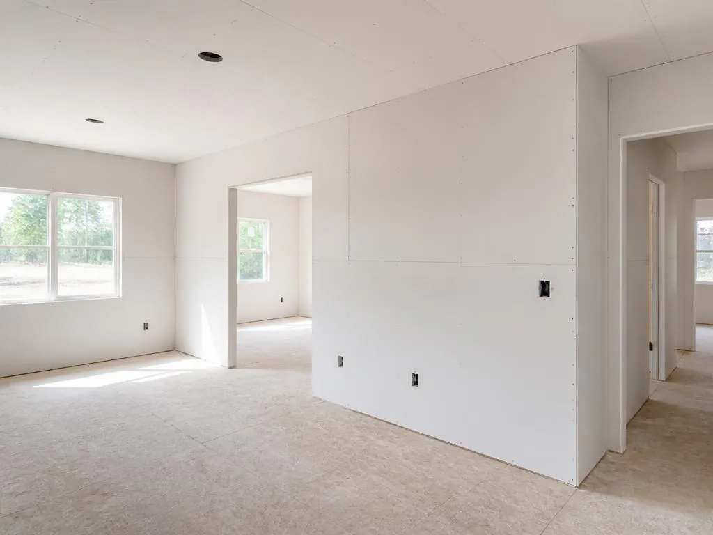 Newly installed drywall walls and ceiling finished in a bright residential room